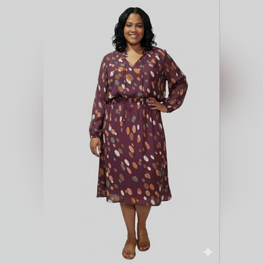 Avenue Women's Purple Dot Print 2pc Skirt & LS Blouse Set Sizes 18/20 & 22/24